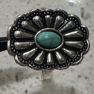 Silver Color Floral Ring with Turquoise Stone